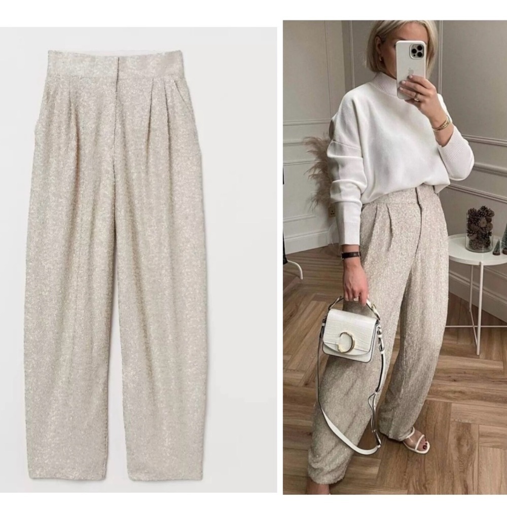 H&M cream beige matte sequin sparkly pleated high waisted trouser pants Sz 6